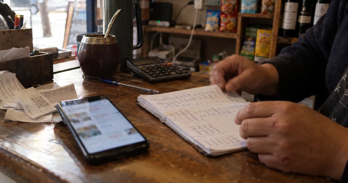 Celular con una página web abierta, cuaderno de cuentas y mate sobre el mostrador de un kiosco